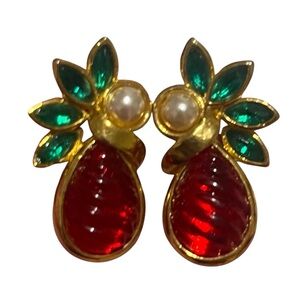 Bold Vintage Clip On Earrings Christmas Pearl Stylized Pineapple Red Green Gold
